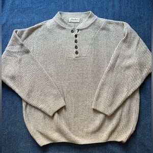 Vintage 90s Eddie Bauer Chunky Knit Henley Sweater Beige Tan USA Made
